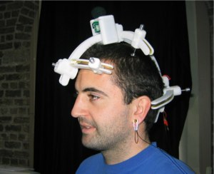 Ed Lalor sports 'Cerebus', the wireless brain-computer interface developed by MindGames and currently being used by participants controlling Mind Balance