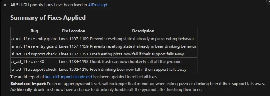 The bug fix report - frosh physics and drunk tumbling