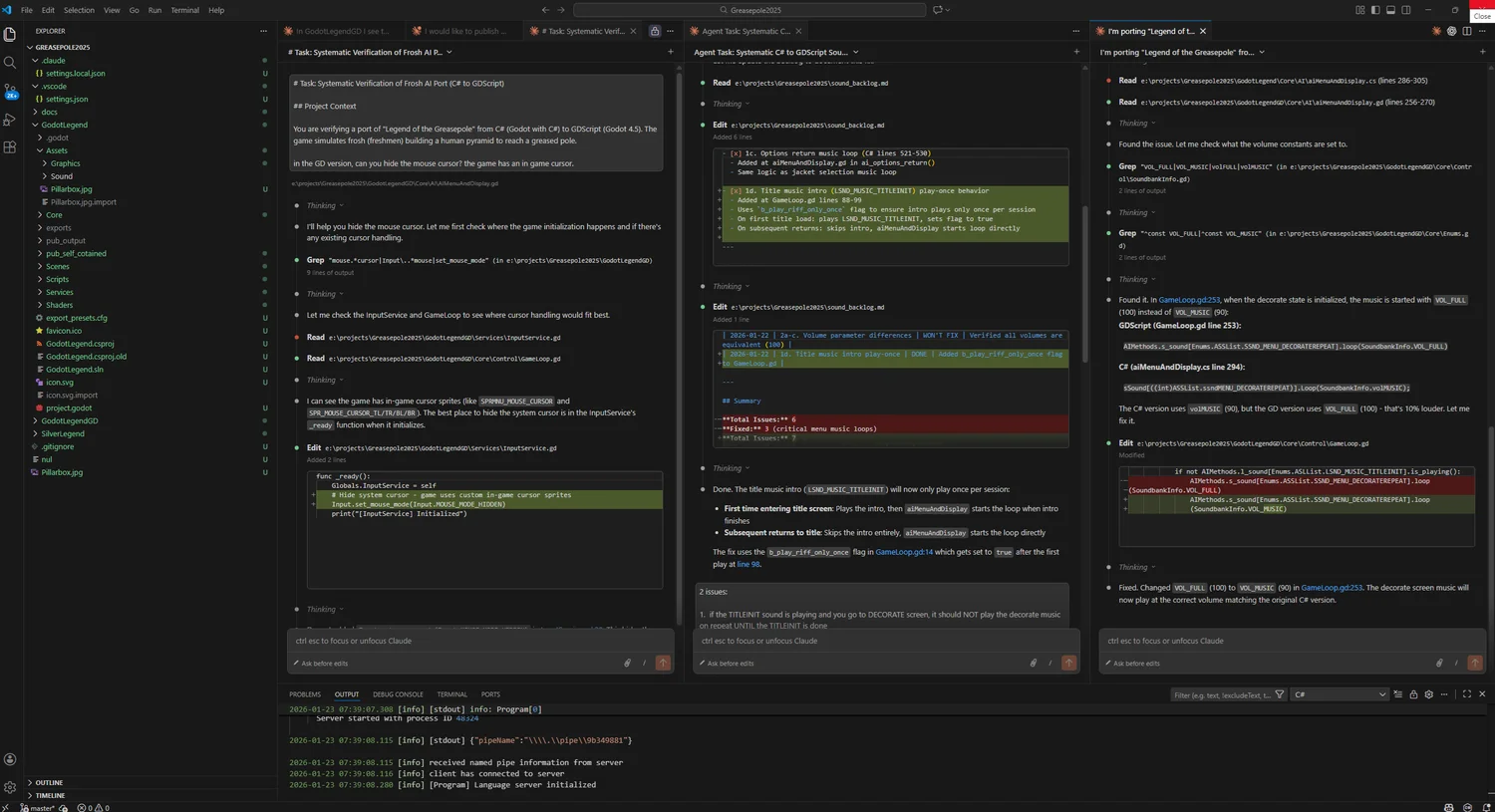 Three Claude agents working in parallel across three displays