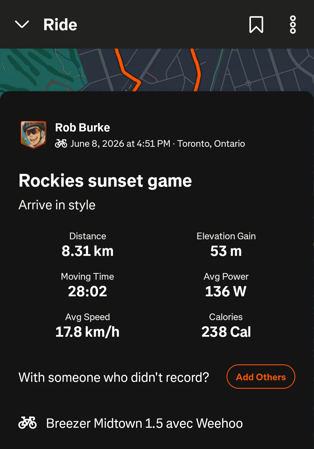 A Strava activity automatically tagged with the correct bike