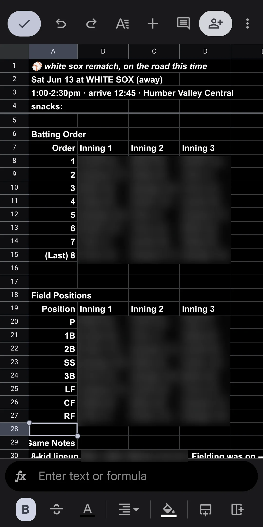 A Google Sheet batting lineup and fielding chart for a kids t-ball team, names redacted