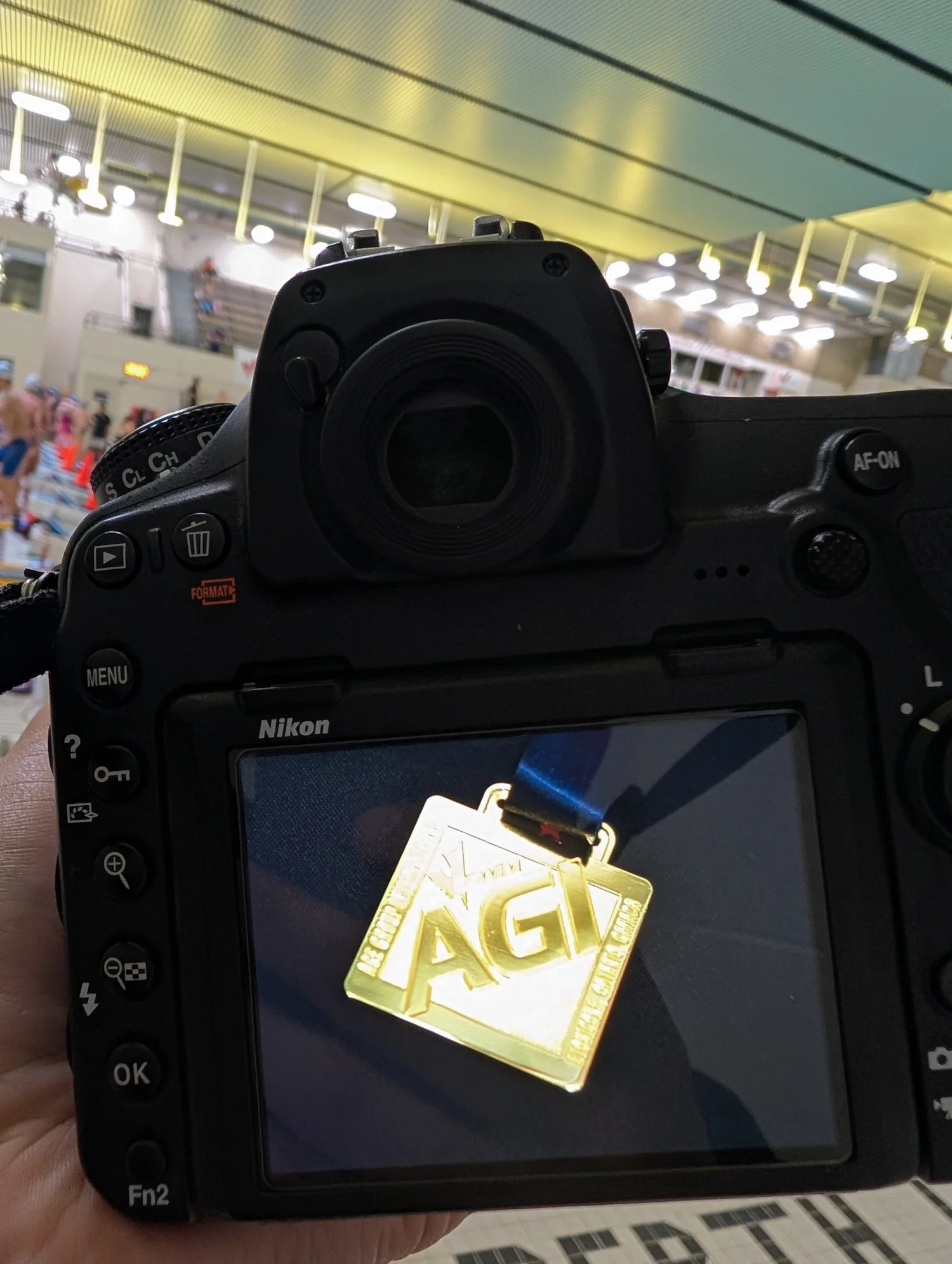 The back of a Nikon camera showing a photo of a gold medal stamped AGI, held up in a swimming venue