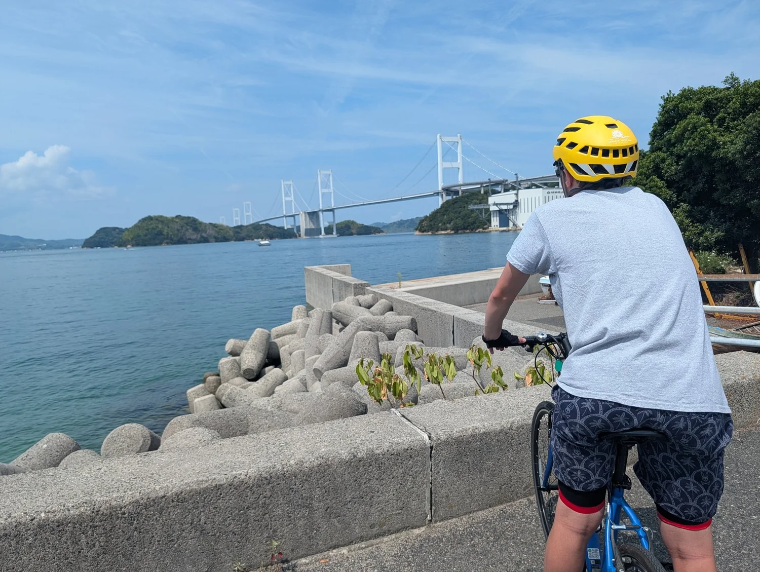 A teenage cyclist from behind on the Shimanami Kaido sea road, a suspension bridge ahead
