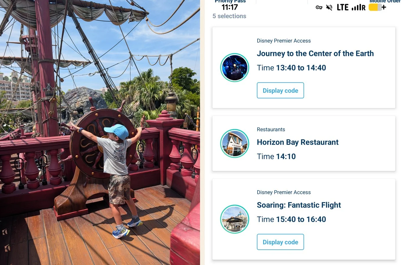 A child from behind at a pirate-ship wheel at Tokyo DisneySea, beside the day's Premier Access bookings in the Disney app