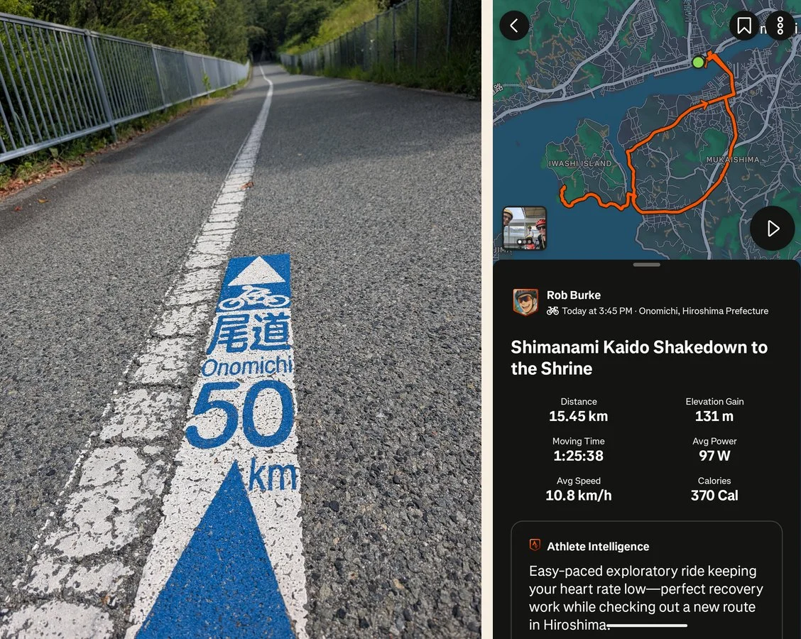 A painted blue cycling route line reading Onomichi 50 km, beside a Strava map of a shakedown ride