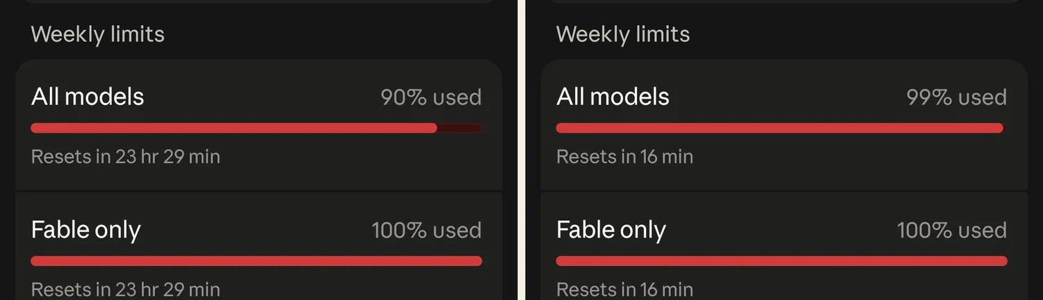 Two AI usage screens: weekly limits for all models at 90 and 99 percent, and the top model at 100 percent