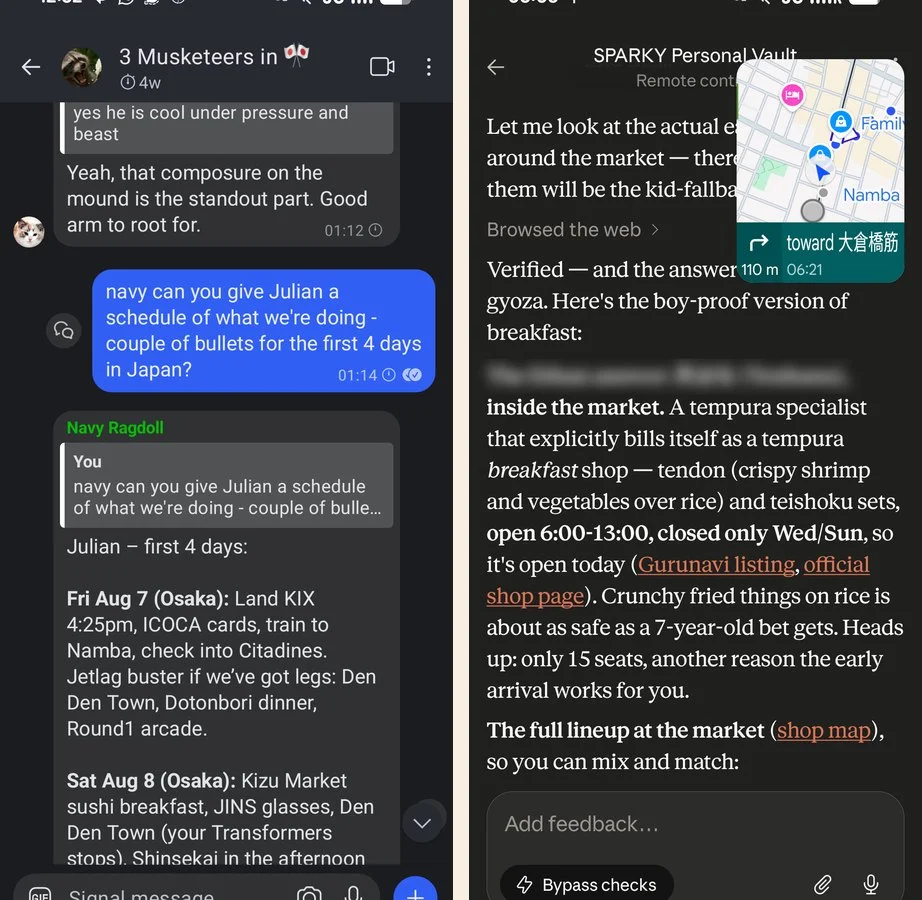 Two phone screenshots: an AI agent answering in a family Signal group chat, and a desk AI session reached remotely from a phone