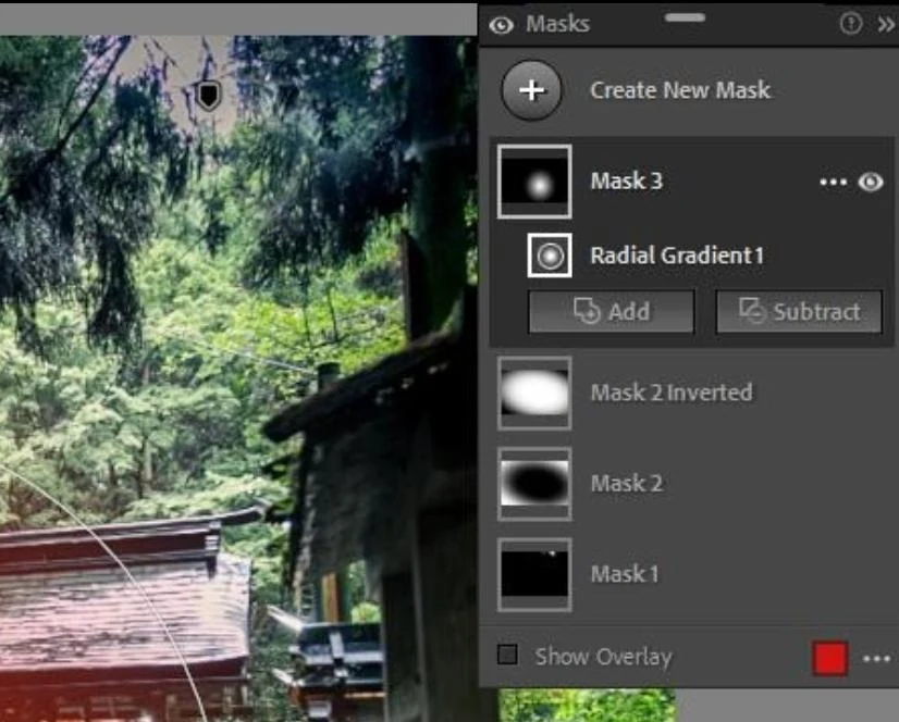 Lightroom's mask list for the torii photo: a radial gradient and three other masks