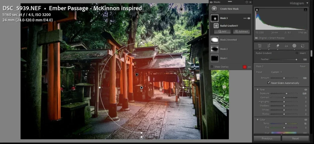Lightroom with a radial gradient mask warming the torii path in Ember Passage, the mask and tone panels open