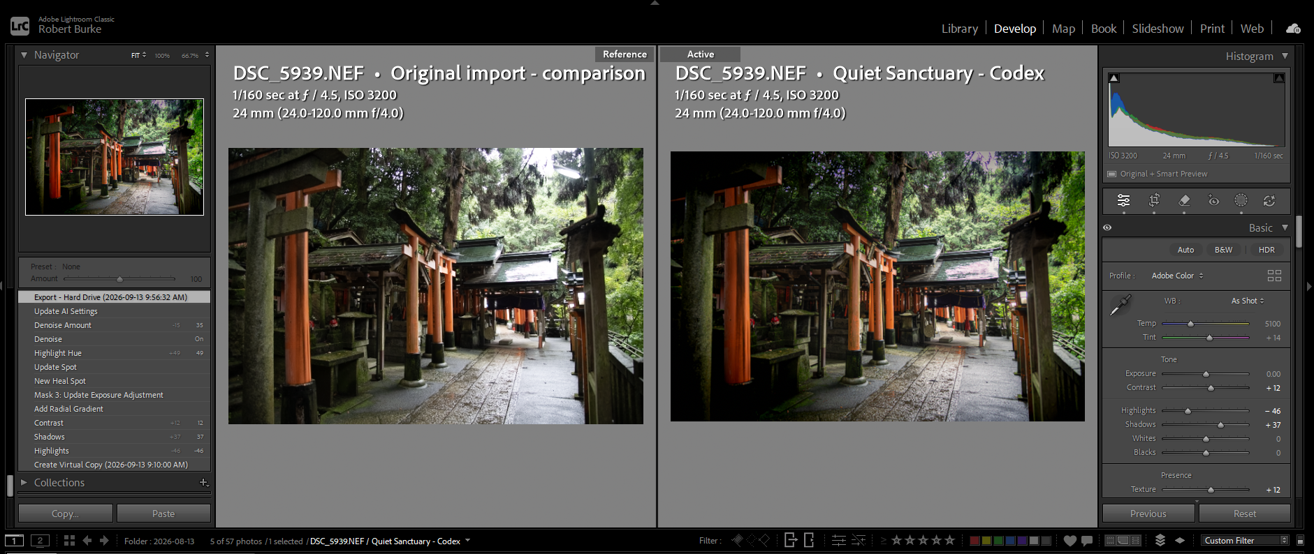 Quiet Sanctuary: original import on the left and finished Lightroom edit on the right