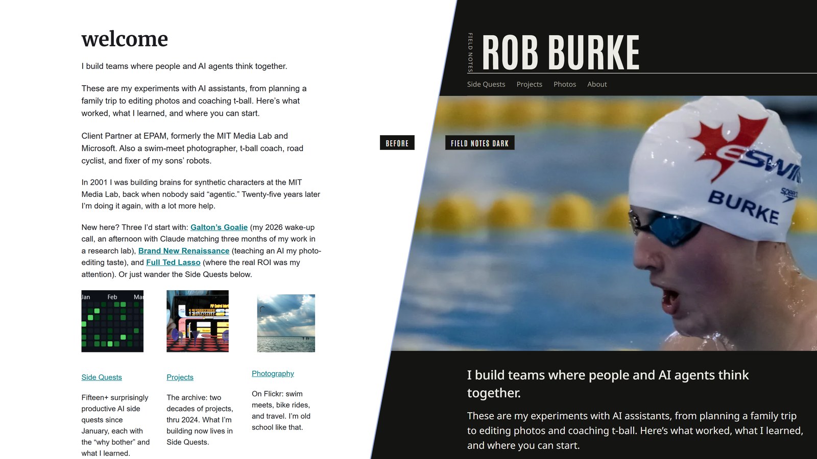 Before and after: the old robburke.net homepage beside its dark redesign