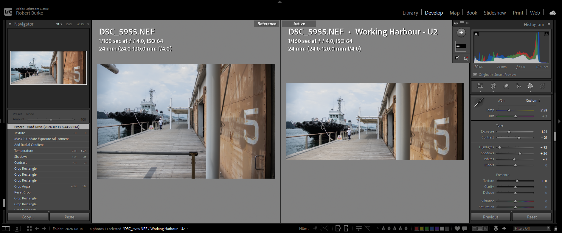 Working Harbour: Rob's earlier edit and crop on the left, finished panorama on the right