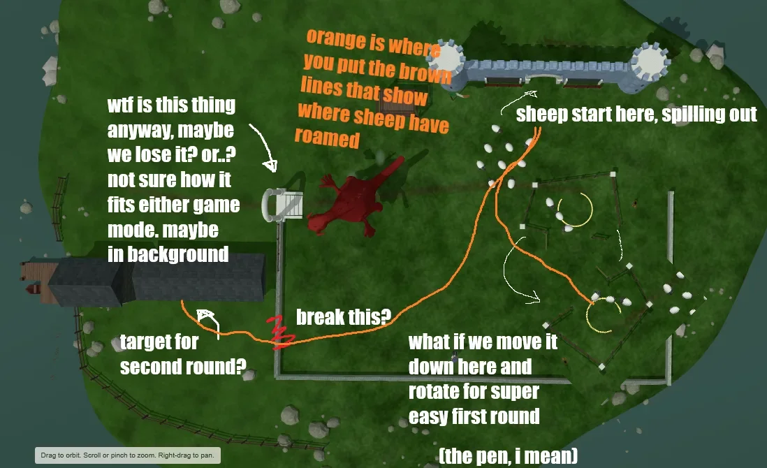 A top-down island screenshot annotated in white Impact captions and orange route lines