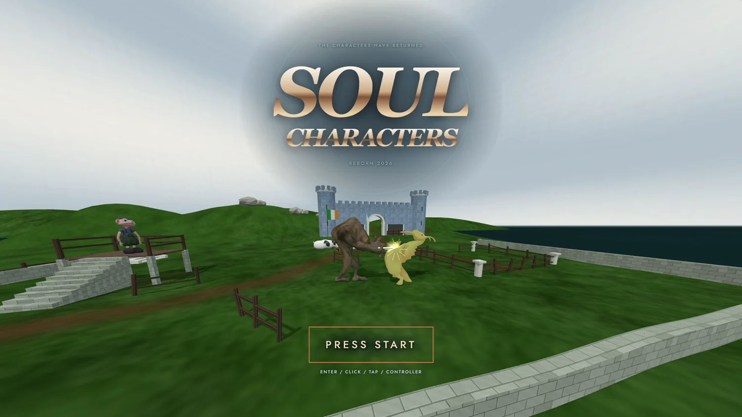 Soul Characters title screen with two CPU fighters battling behind PRESS START