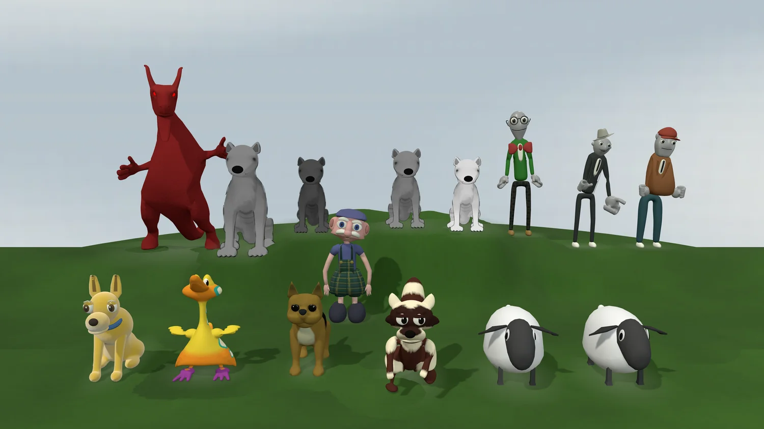 The whole cast lined up on the grass