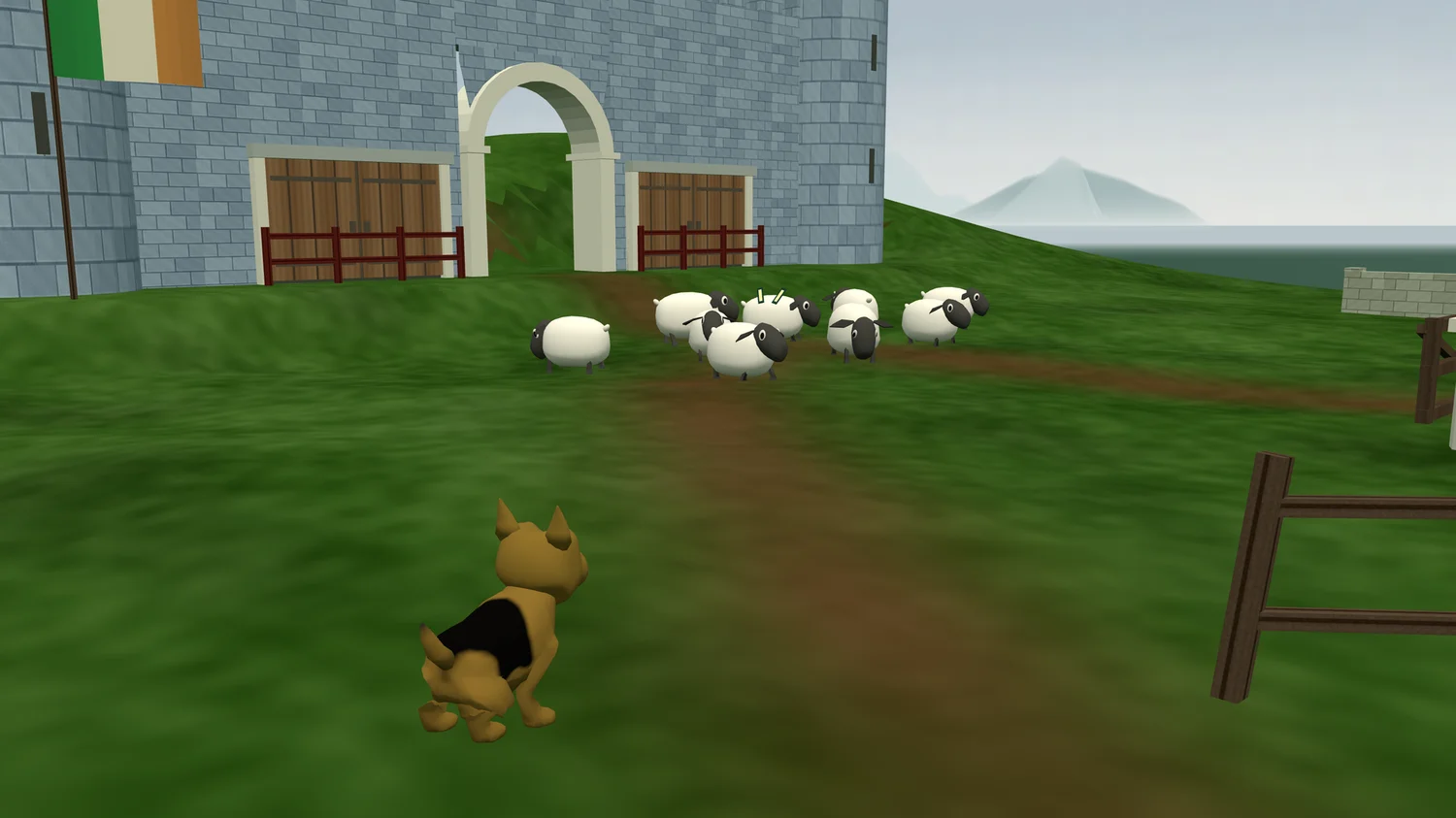 Duncan heading for the flock in front of the castle